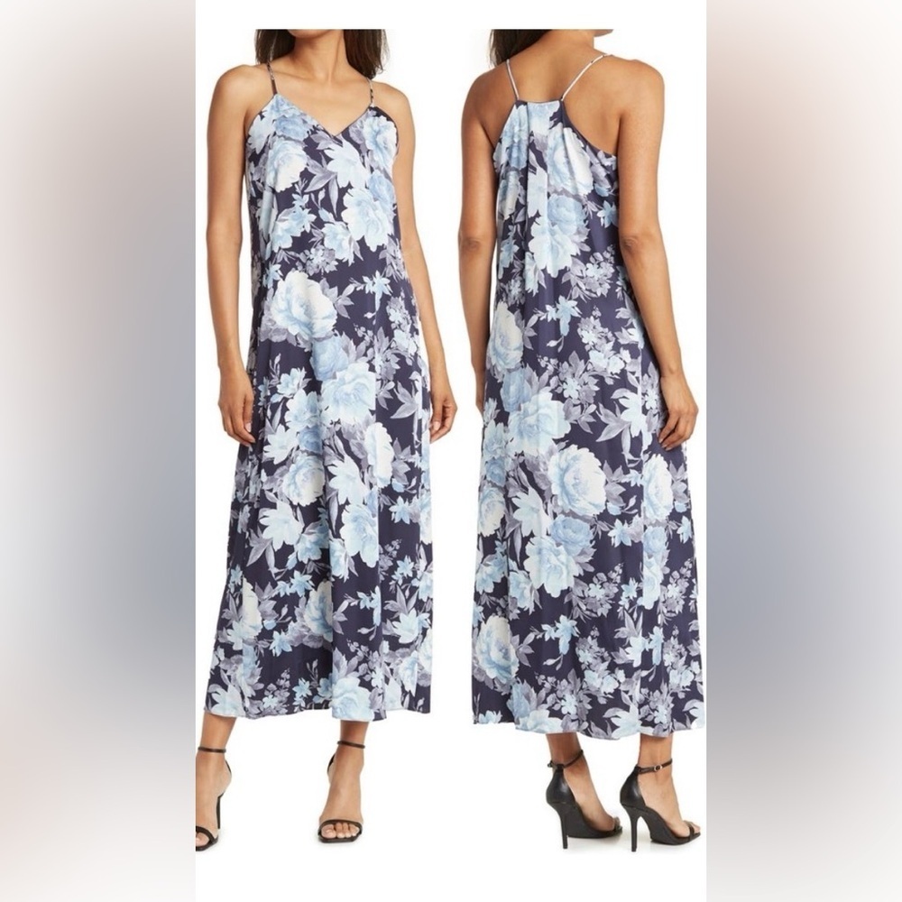 Connected Apparel Navy Floral Slip Maxi Dress With Pockets Light Blue Blooms 16